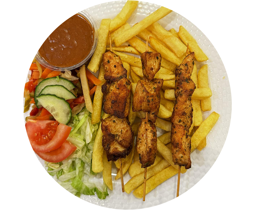 Chicken Skewers with Fries and Salad