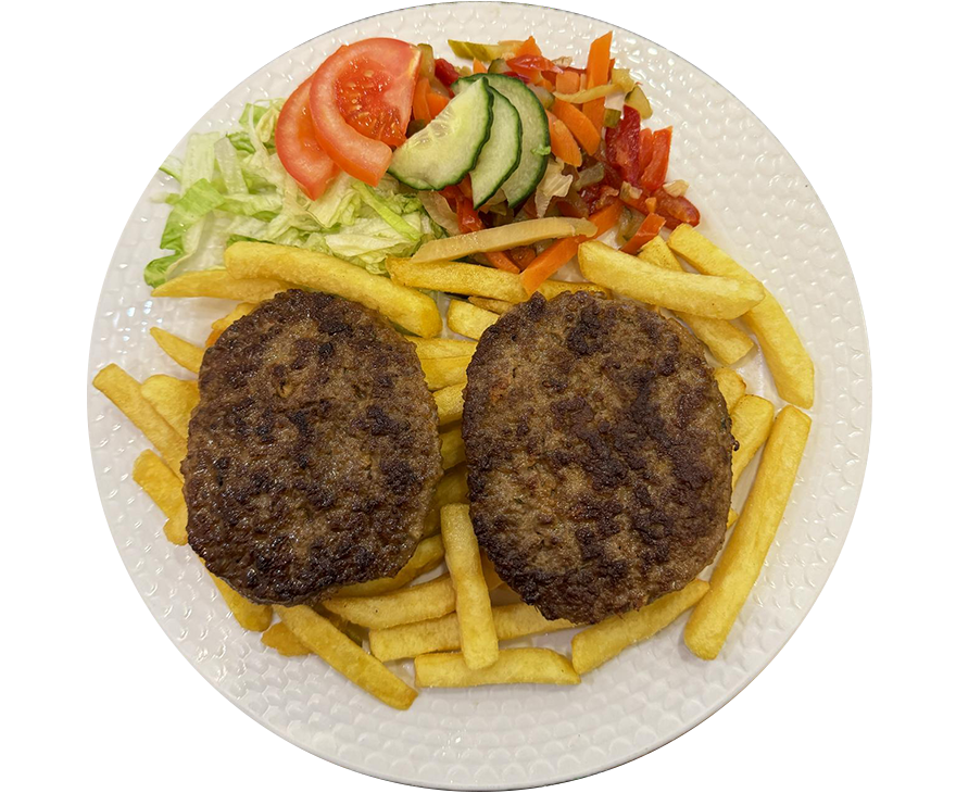 grilled beef patties with fries and salad